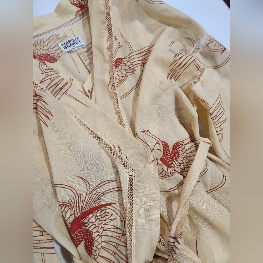 70s Margit Brandt Yellow Kimono Red Pattern Nightgown Formfit Rogers Chemises - Picture 11 of 12
